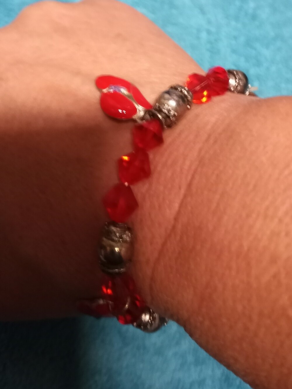 Red Fiery Crystal Bead Stretch Bracelet with Silver Accents - Red Hat Accents